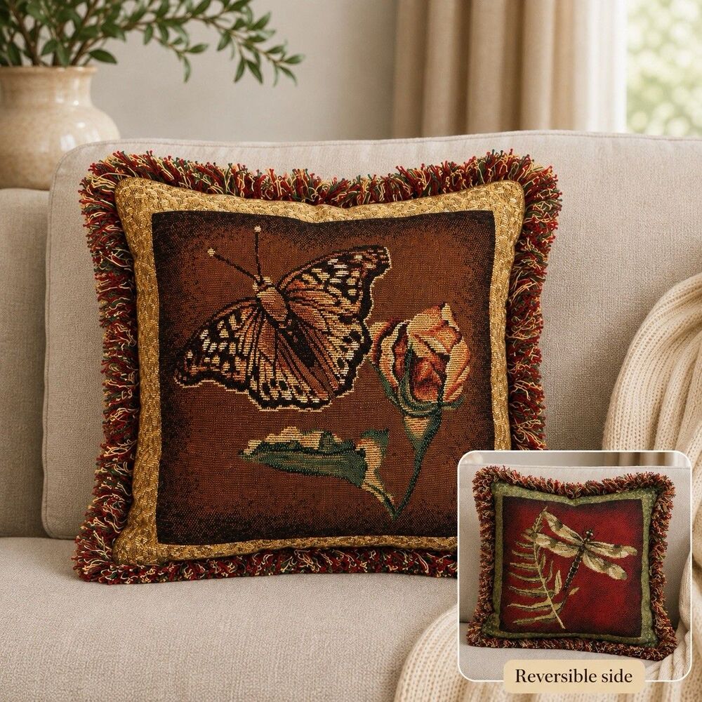 Butterfly Dragonfly Tapestry Reversible Pillow Fringe Manual Woodworkers 13x13